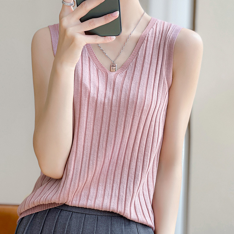 多色坑條V領簡約針織內搭背心