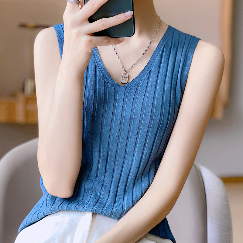 多色坑條V領簡約針織內搭背心