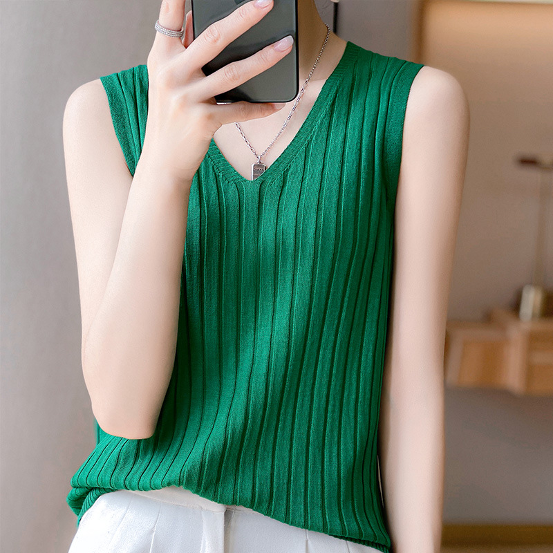 多色坑條V領簡約針織內搭背心