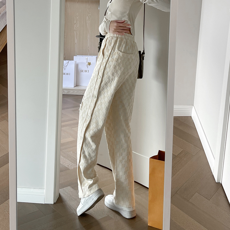 兩色棋盤格休閒排扣休閒褲