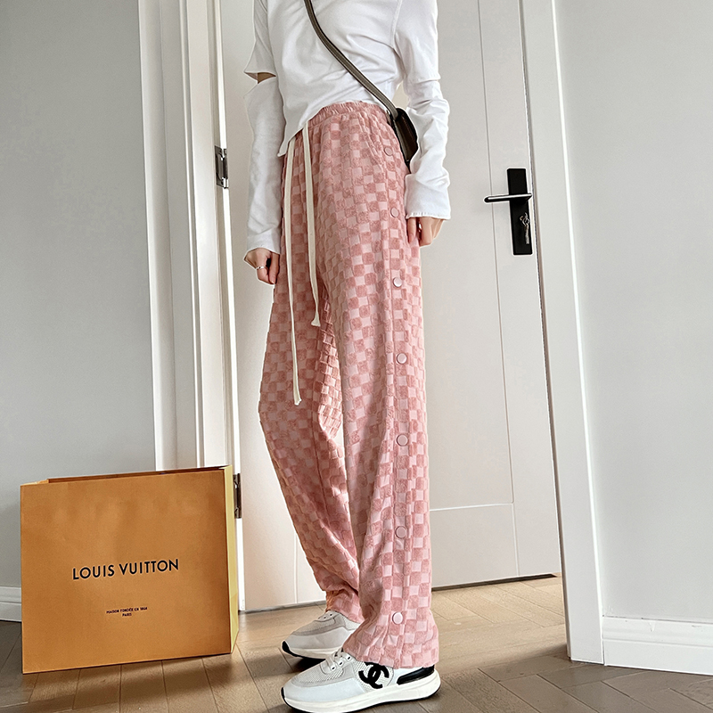 兩色棋盤格休閒排扣休閒褲