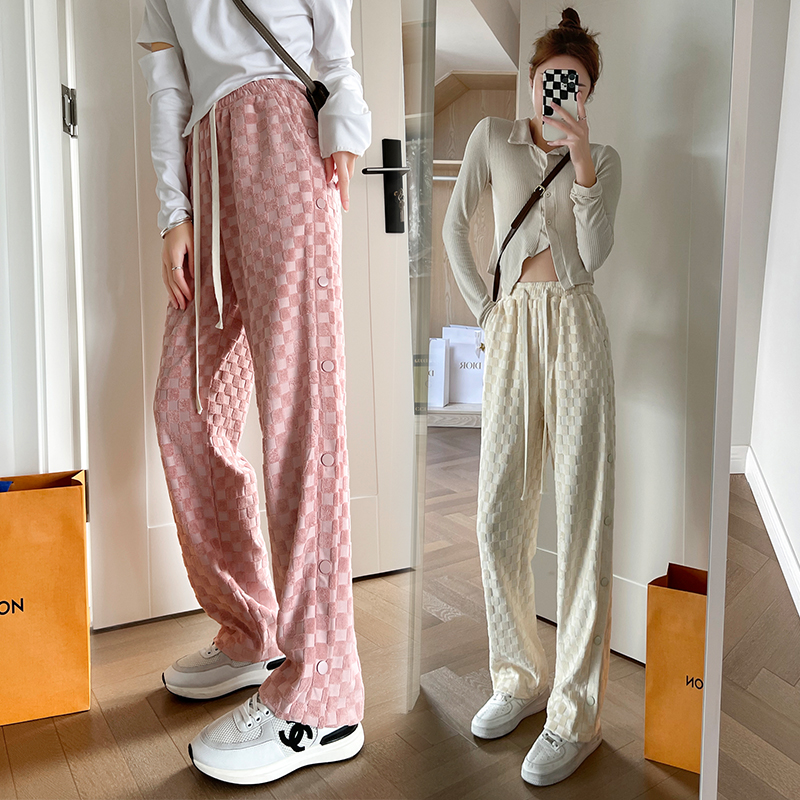 兩色棋盤格休閒排扣休閒褲