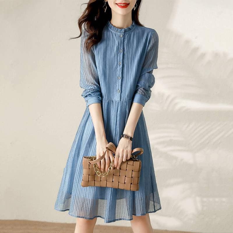 木耳邊收腰百褶拼接氣質連身裙