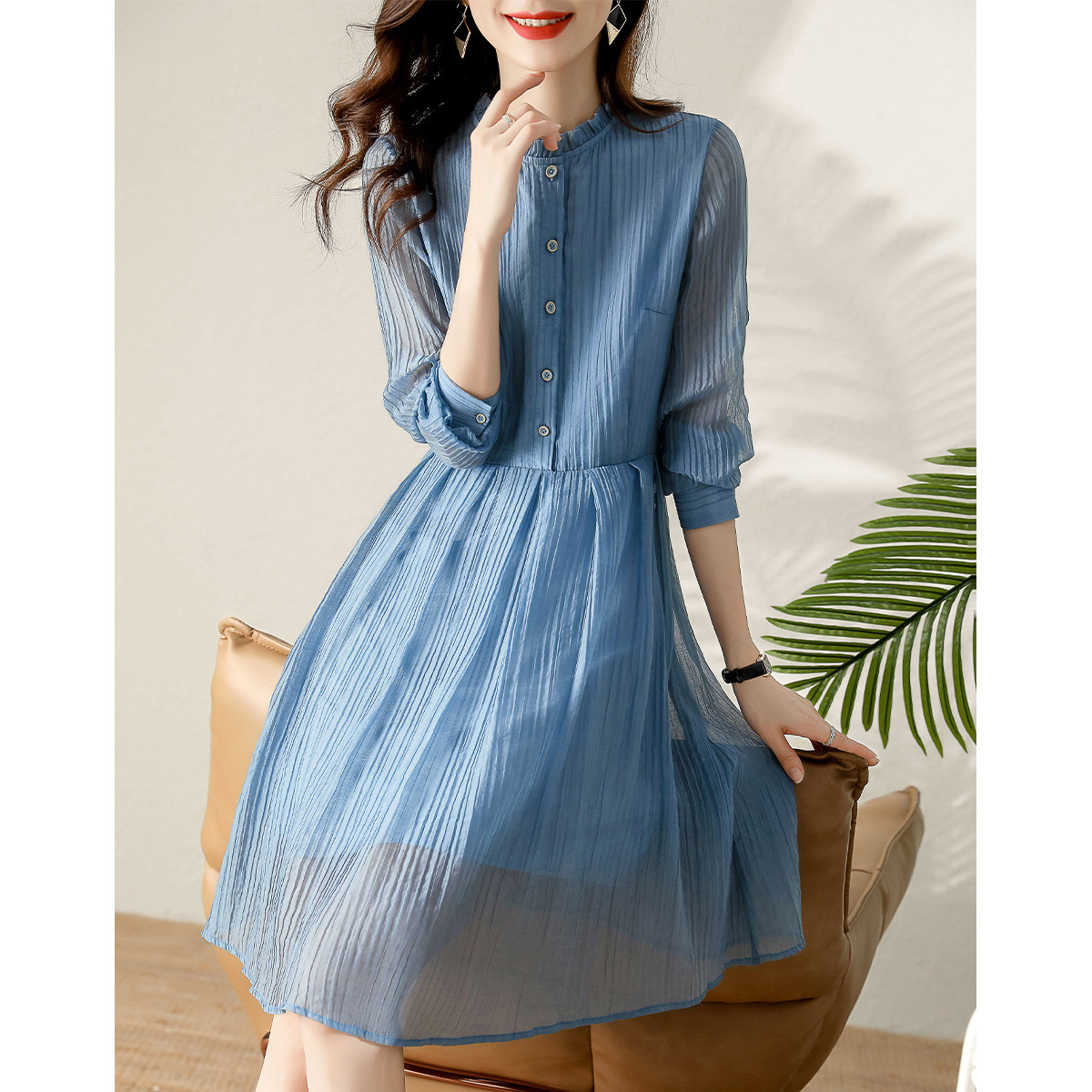 木耳邊收腰百褶拼接氣質連身裙