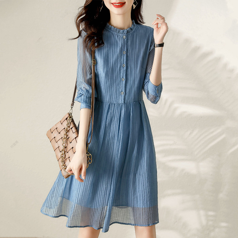 木耳邊收腰百褶拼接氣質連身裙