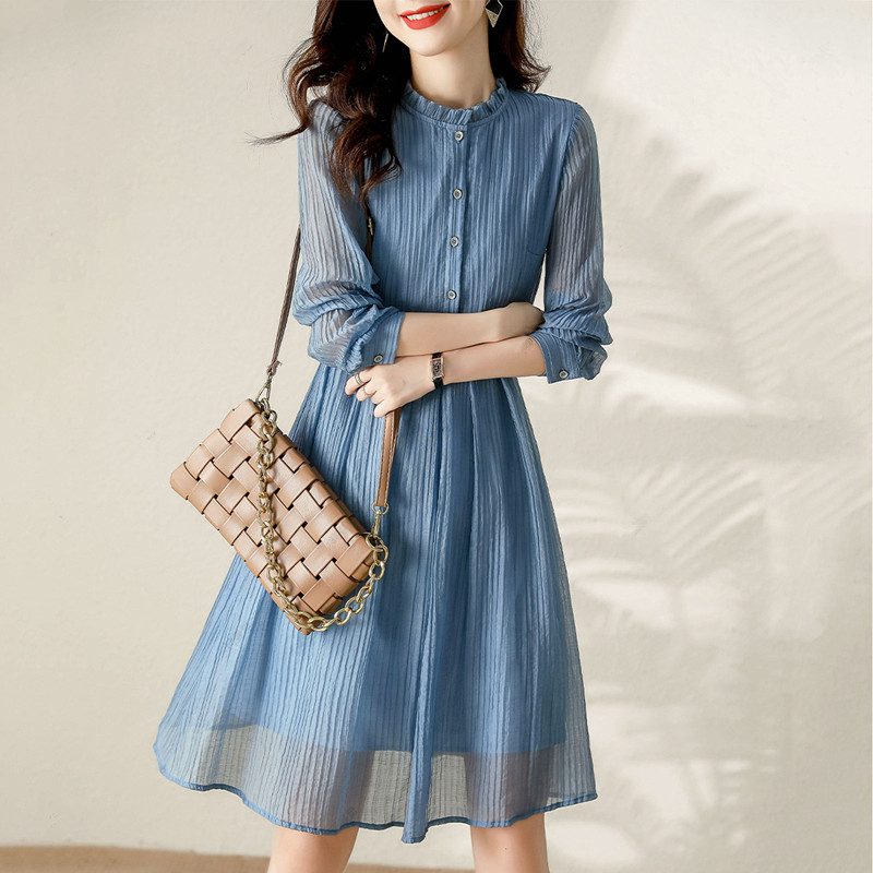 木耳邊收腰百褶拼接氣質連身裙