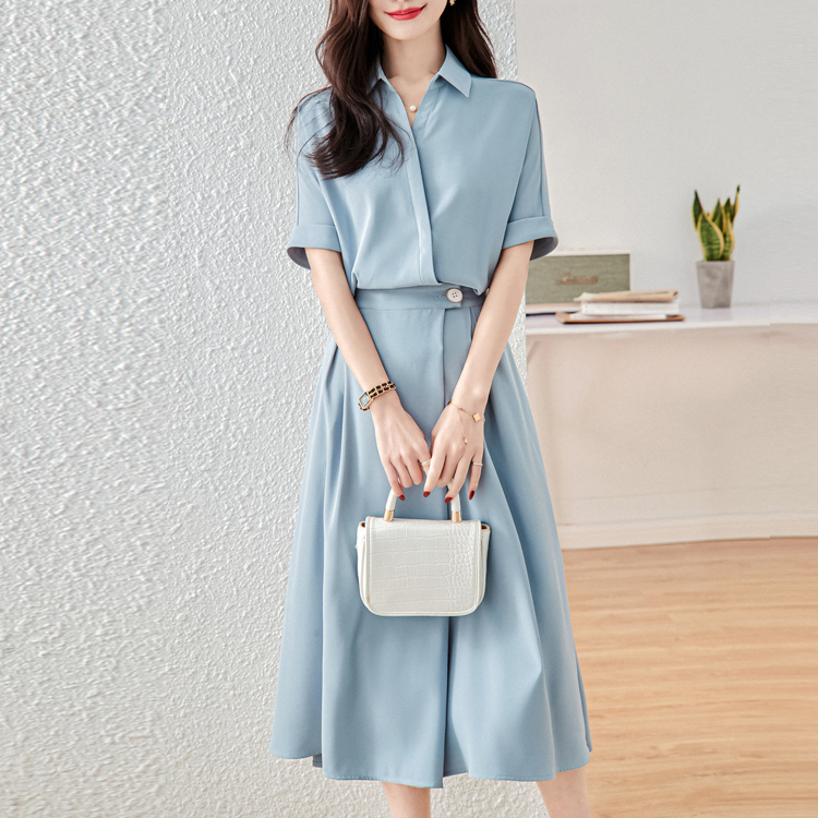 POLO領中腰通勤鬆緊連身裙