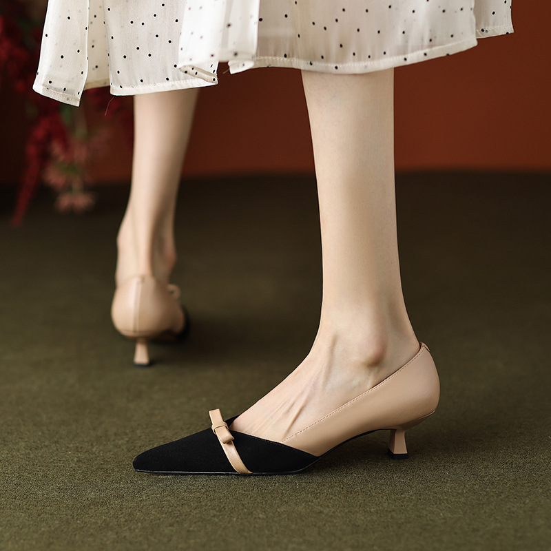 拼接撞色蝴蝶結淺口細跟單鞋