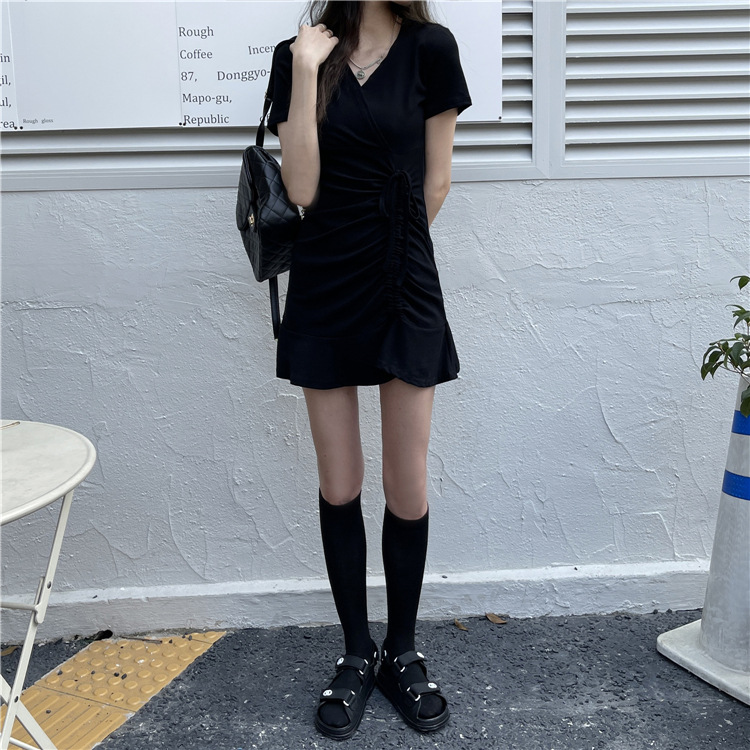 包臀抽繩褶皺閨蜜裝小黑裙