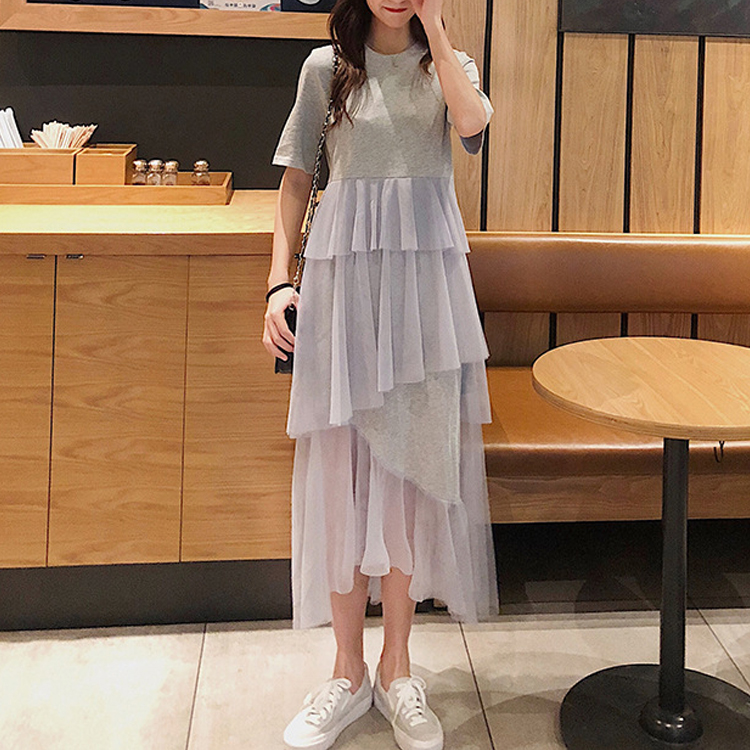 夏季拼接不規則網紗休閒連身裙