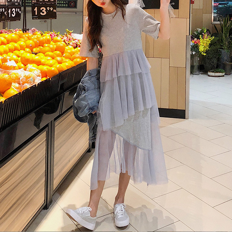 夏季拼接不規則網紗休閒連身裙