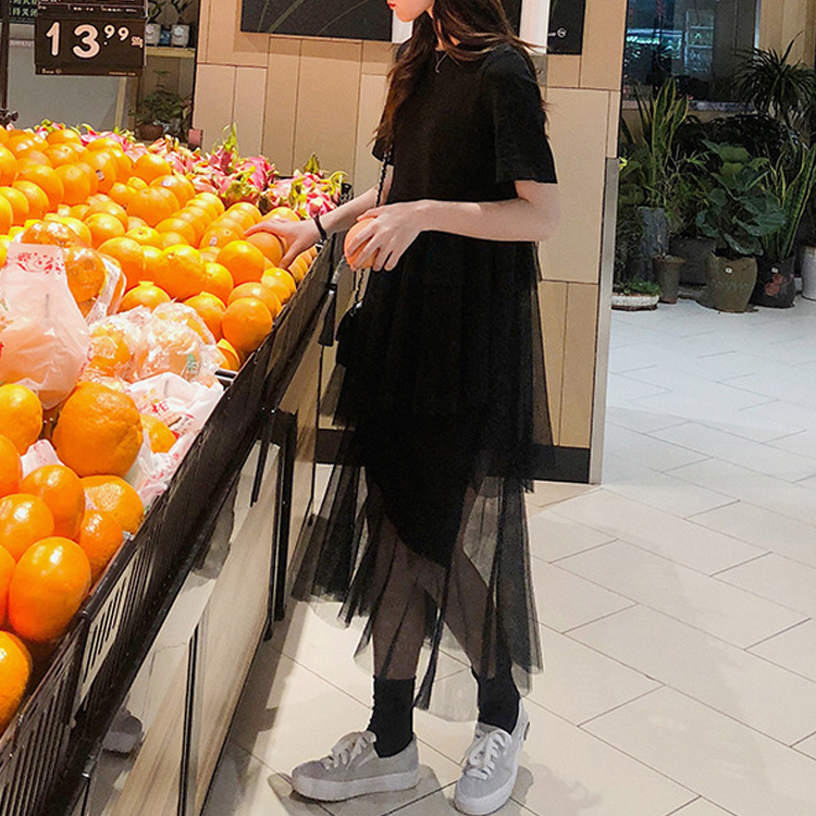 夏季拼接不規則網紗休閒連身裙