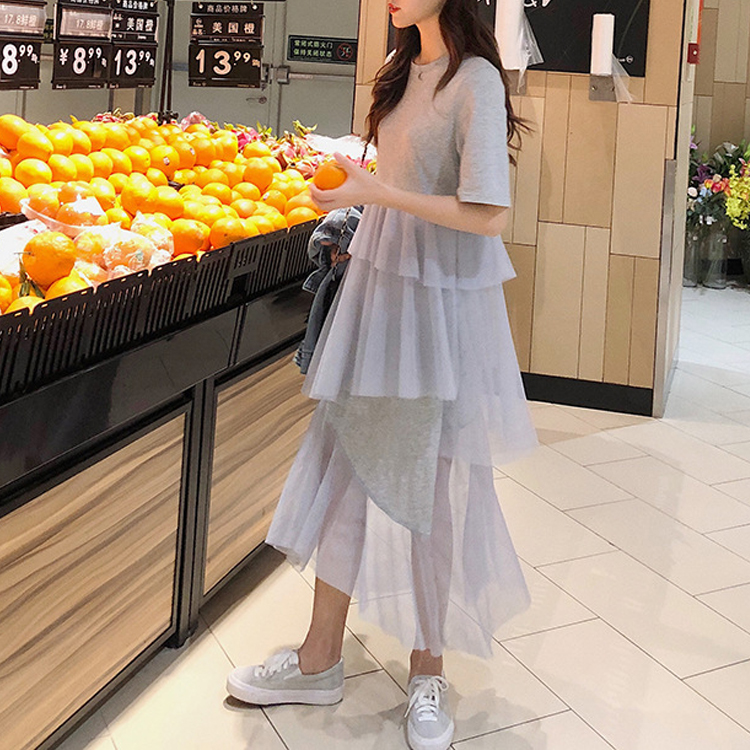 夏季拼接不規則網紗休閒連身裙