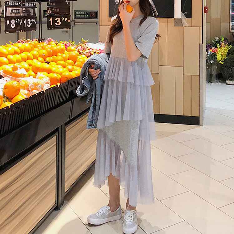 夏季拼接不規則網紗休閒連身裙