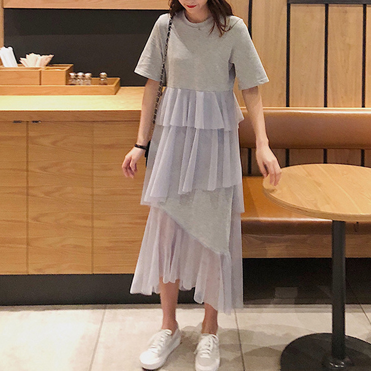 夏季拼接不規則網紗休閒連身裙