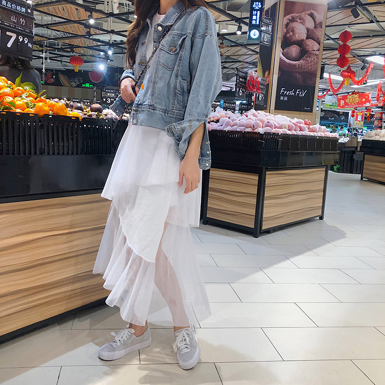 夏季拼接不規則網紗休閒連身裙