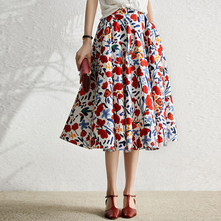 方領印花背心連身裙/大擺裁剪傘裙