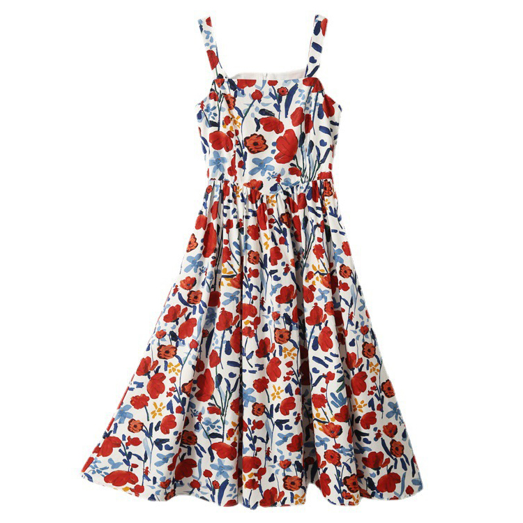 方領印花背心連身裙/大擺裁剪傘裙