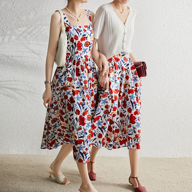 方領印花背心連身裙/大擺裁剪傘裙