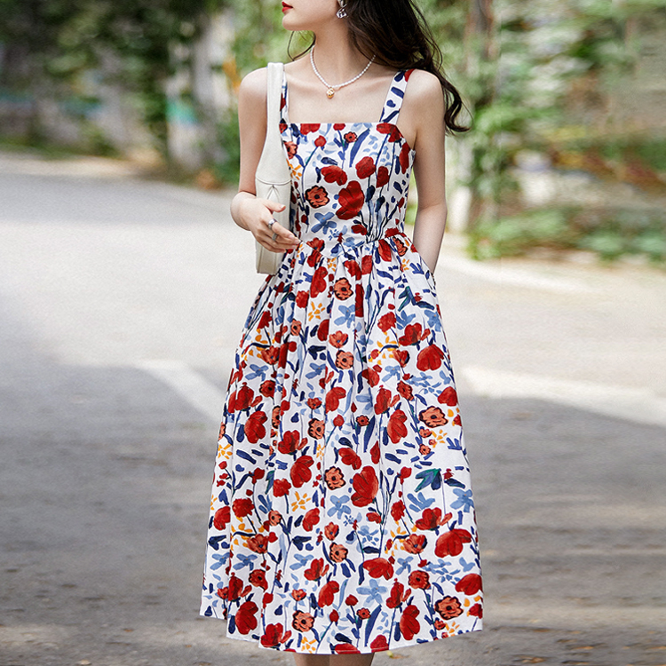 方領印花背心連身裙/大擺裁剪傘裙