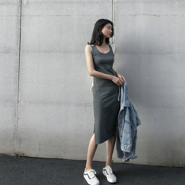中長款開叉氣質顯瘦內搭連身裙