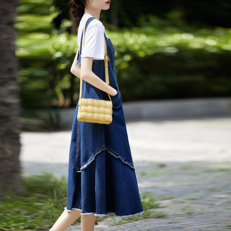 高腰背帶拼接牛仔魚尾連身裙