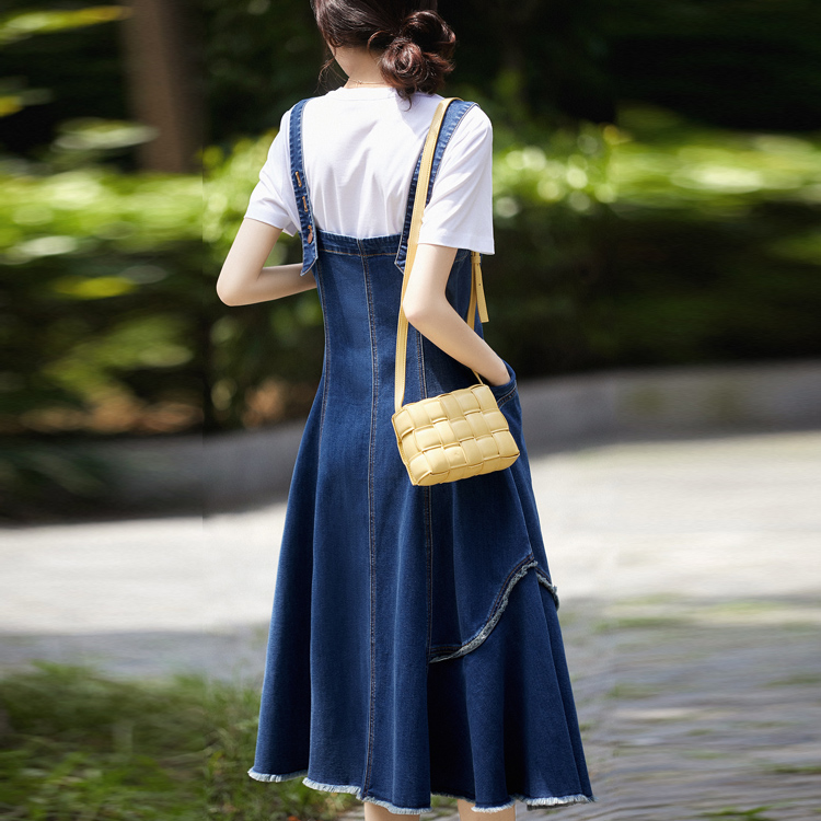 高腰背帶拼接牛仔魚尾連身裙