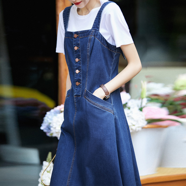 高腰背帶拼接牛仔魚尾連身裙