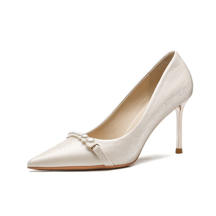 綢緞細跟氣質珍珠高跟女鞋