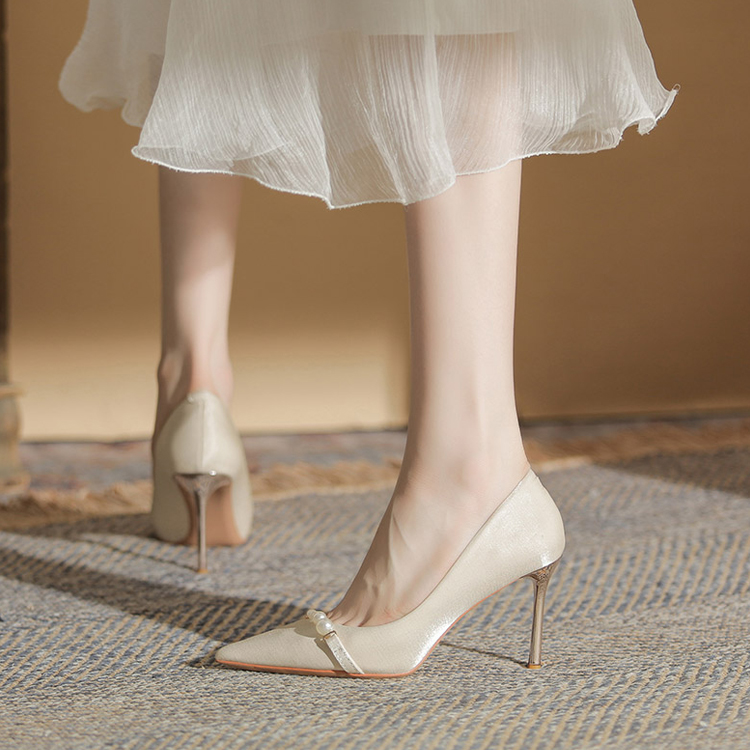 綢緞細跟氣質珍珠高跟女鞋