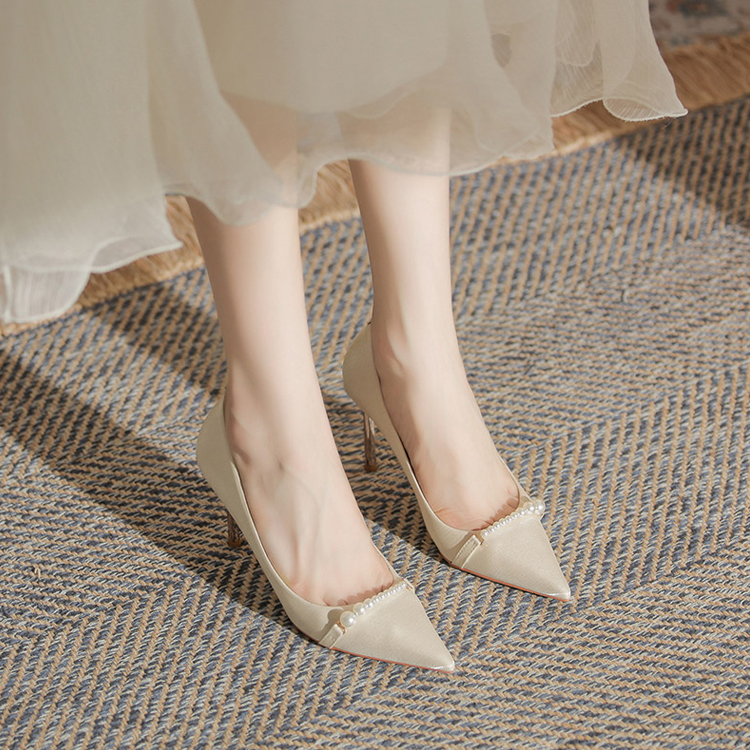 綢緞細跟氣質珍珠高跟女鞋