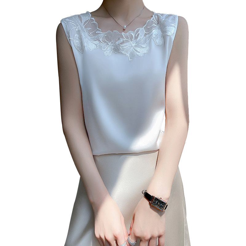 絲綢緞面拼接網紗百搭背心