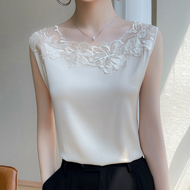 絲綢緞面拼接網紗百搭背心