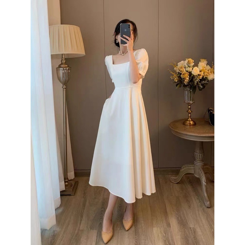 方領黑色法式赫本風長裙連衣裙