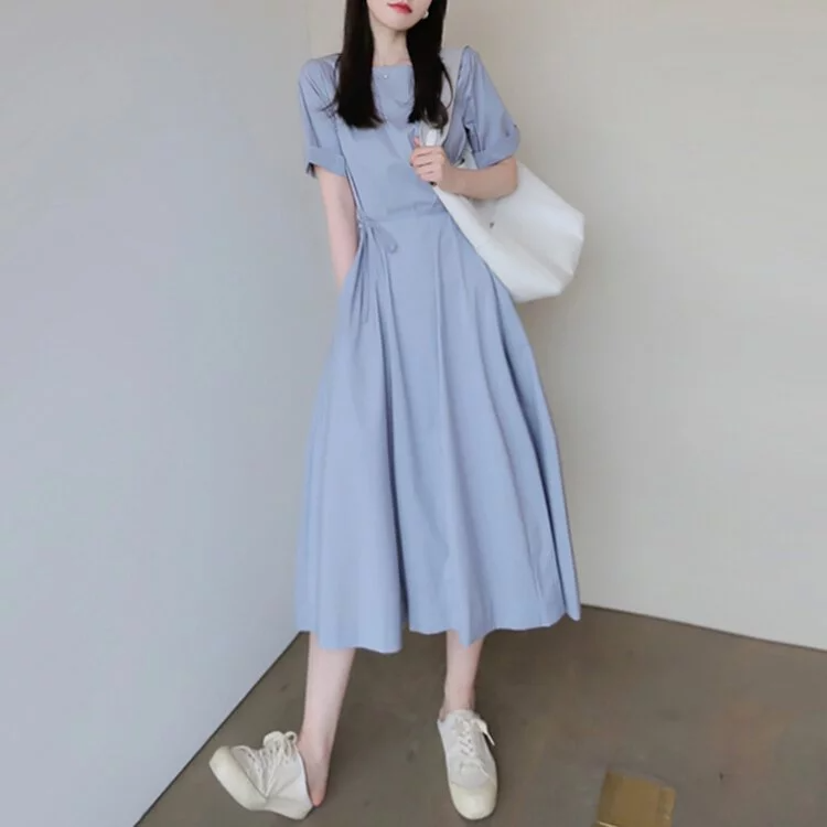 夏季別緻法式仙女藍色連身裙