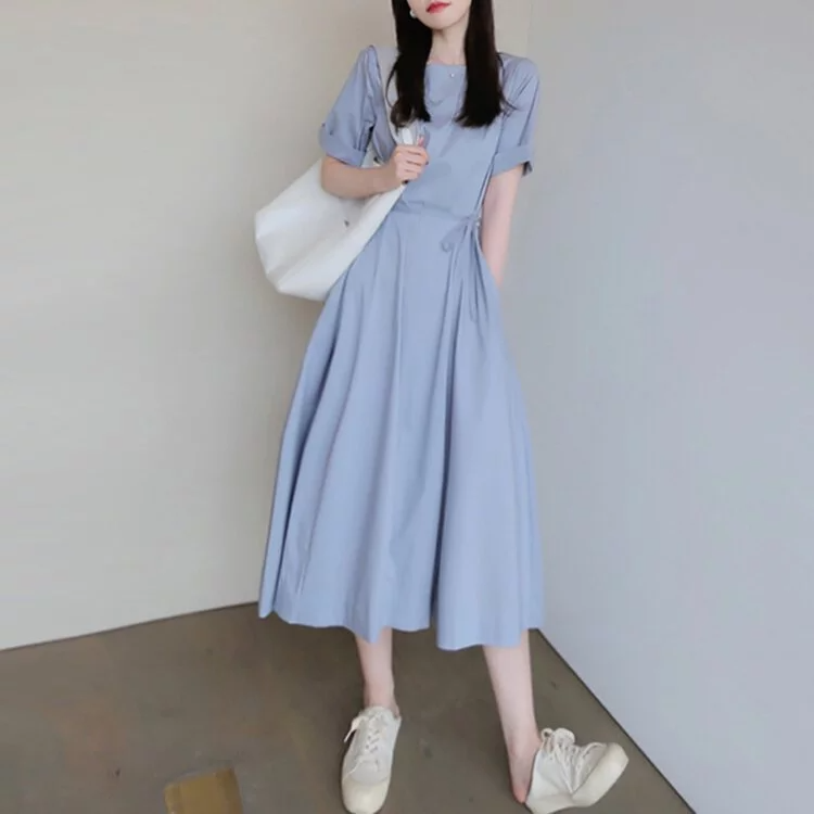 夏季別緻法式仙女藍色連身裙