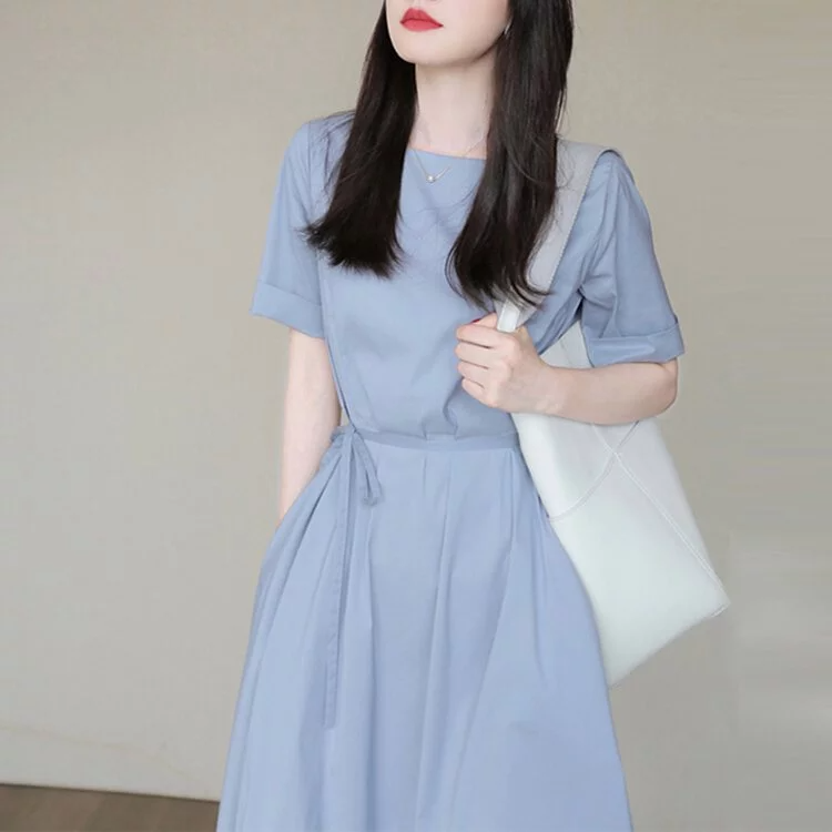 夏季別緻法式仙女藍色連身裙