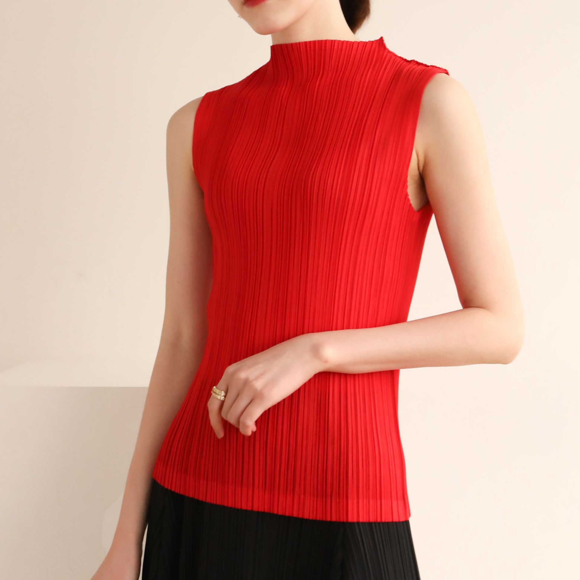 褶皺ins風經典高領無袖復古背心