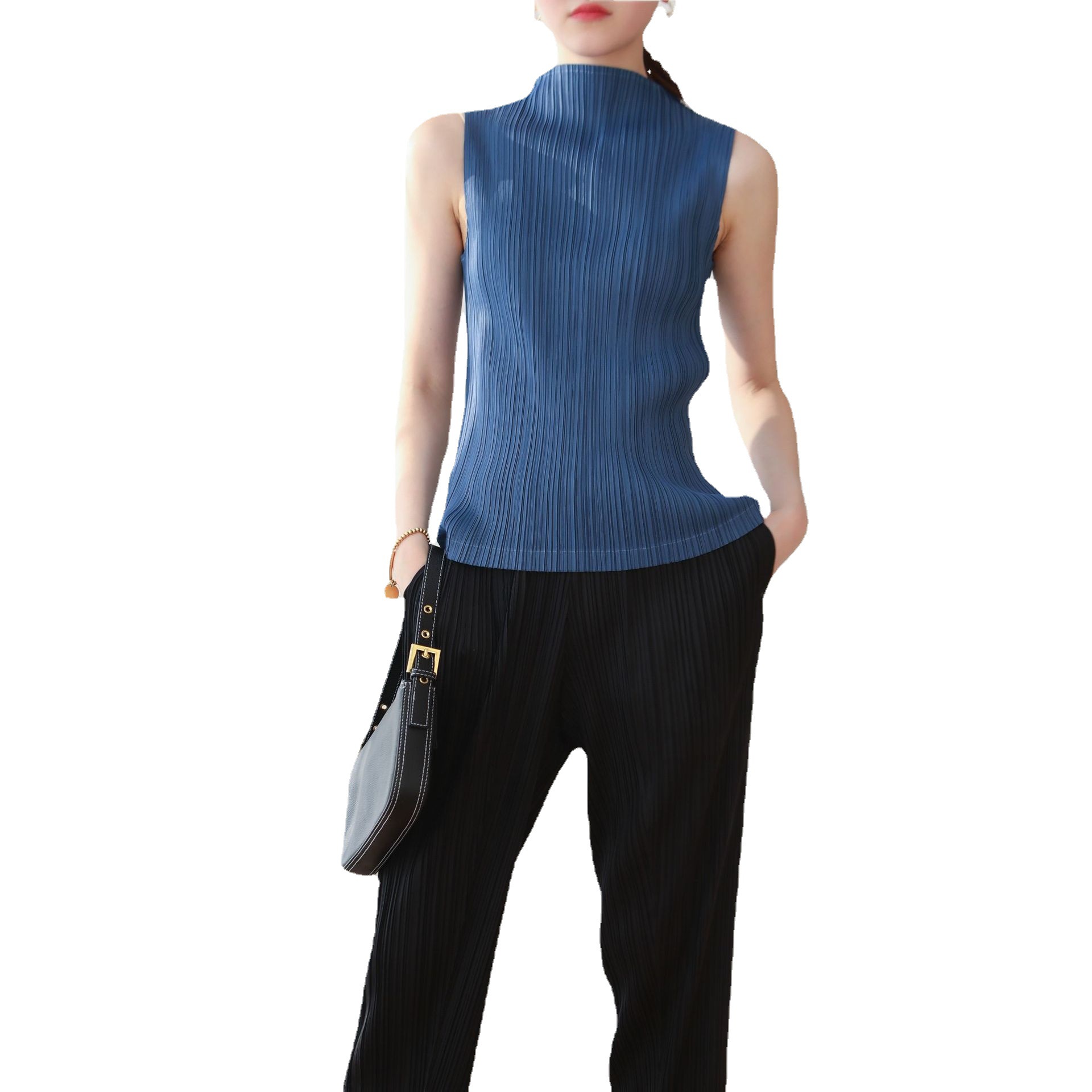 褶皺ins風經典高領無袖復古背心