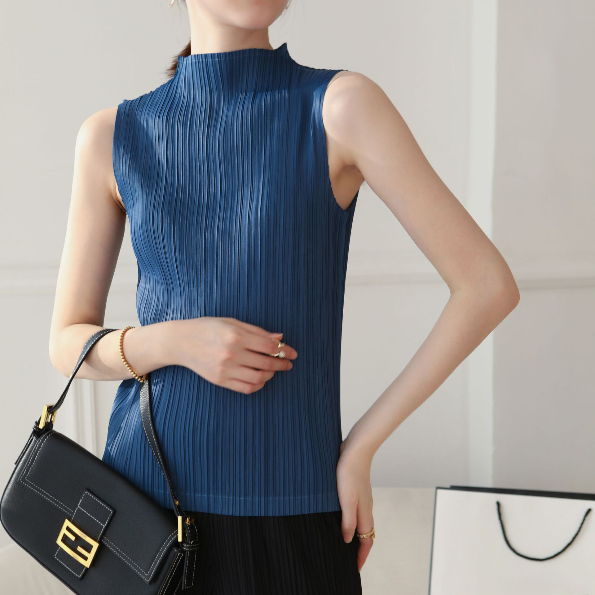 褶皺ins風經典高領無袖復古背心