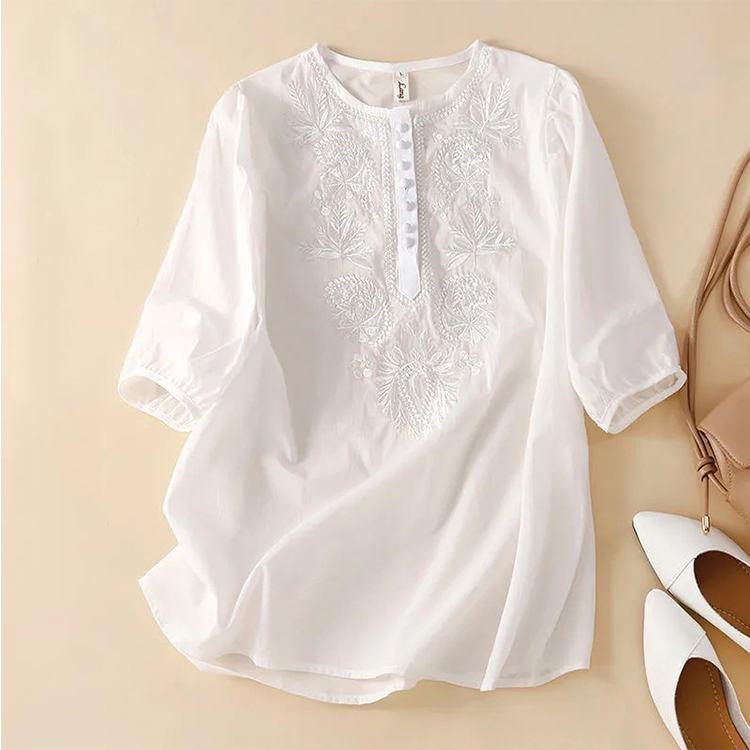 女士文藝復古寬鬆設計感刺繡上衣