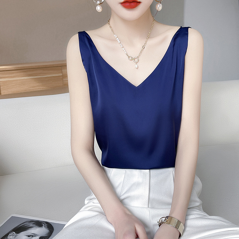 V領簡約緞面桑蠶絲氣質背心（10色）