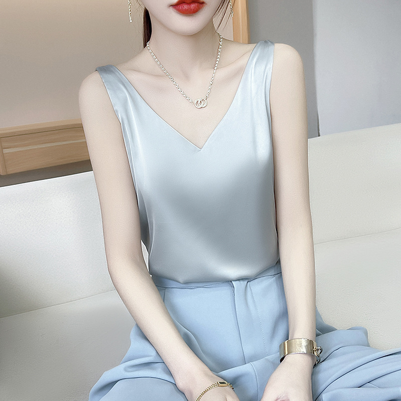 V領簡約緞面桑蠶絲氣質背心（10色）