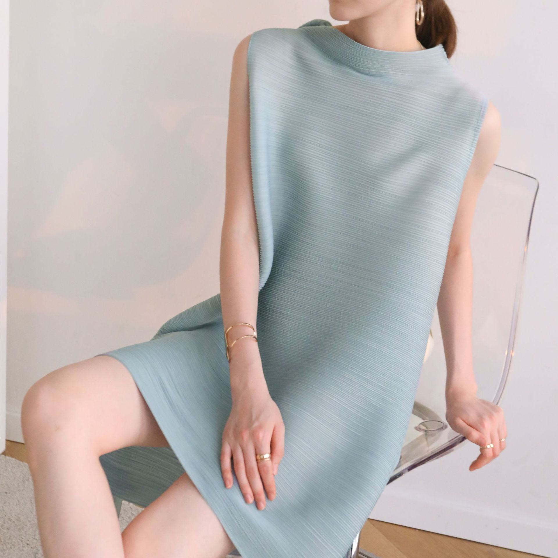 夏季褶皺寬鬆無袖連衣裙（8色）