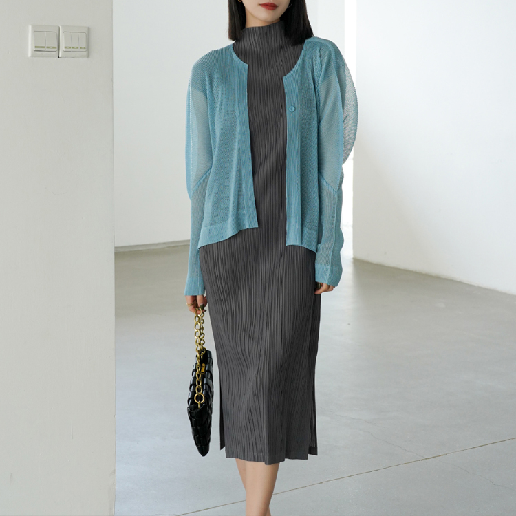 夏季立領側開叉豎褶顯瘦連衣裙（5色）