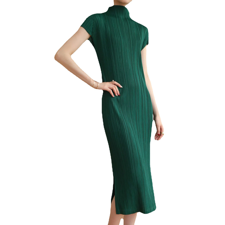 夏季立領側開叉豎褶顯瘦連衣裙（5色）