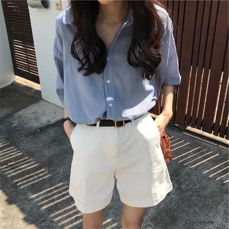 赫本風洋氣通勤襯衣+短褲套裝