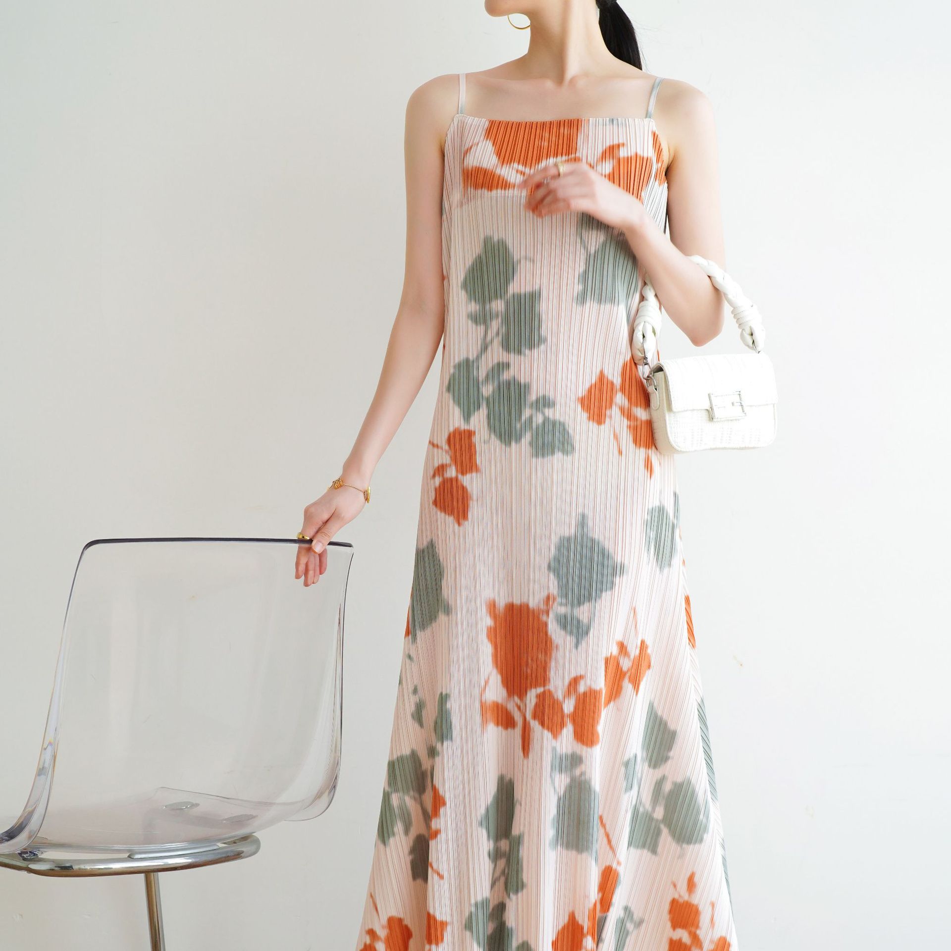 夏季印花褶皺休閒吊帶連衣裙（7色）