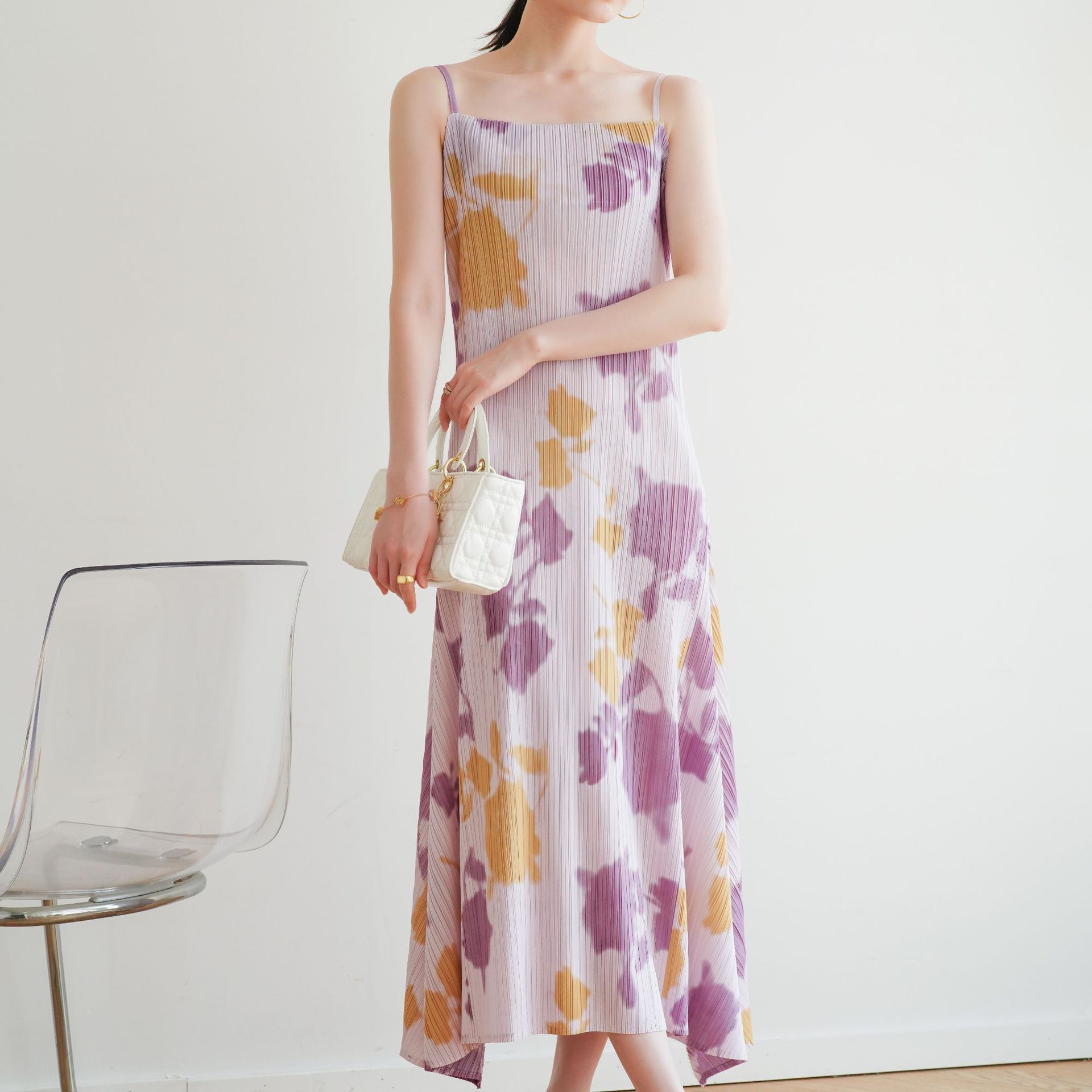 夏季印花褶皺休閒吊帶連衣裙（7色）