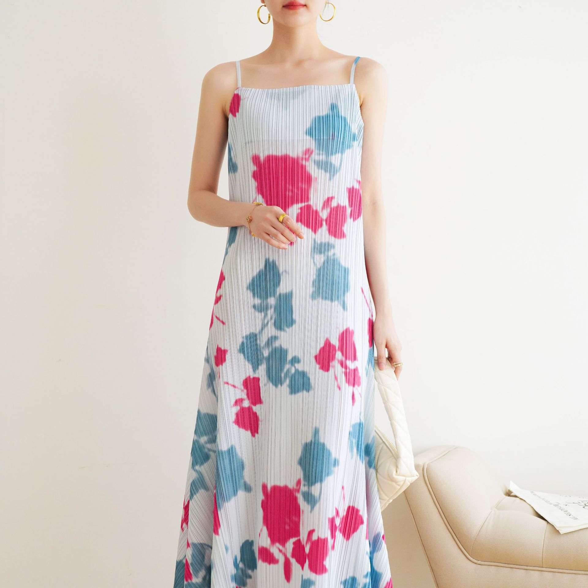 夏季印花褶皺休閒吊帶連衣裙（7色）